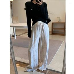 Women's Pants Retro Lazy Style Flower Dark Pattern Human Silk Jacquard Elastic Waist Straight Leg Loose Wide Casual 2024