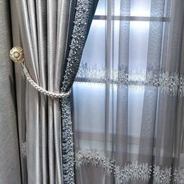 Modern Luxury Silver Grey Blackout Curtain Bead Lace stitching High-end Curtain Custom For Living Room Bedroom Drapes Blinds#4 210282U