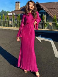 Casual Dresses Pleated Flare Sleeve Elegant Party Women Causal Round Neck Long Sashes Midi Dress Female Autumn Chic Black