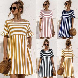 Spring And Dresses Summer Womens Clothing Ruffled Short Sleeves Striped Stitching Contrast Colour Pocket Loose Dress