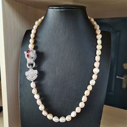 Hand knotted necklace 10-11mm white pink natural baroque freshwater pearl leopard micro inlay zircon sweater chain 60cm