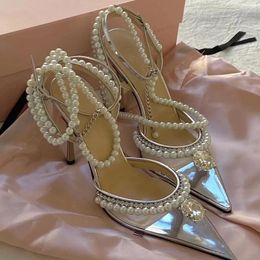 Sandals MACH Sophie Pumps Faux Pearl Crystals Bow Pointed Toe Buckle-fastening Ankle Strap Stiletto Heels Rhinestone Transparent