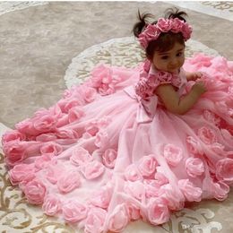 Pink Scoop Flower Girl Dresses Hand Made Flowers Tulle Little Girls Wedding Luxurious Communion Pageant Dress Gowns F168268w