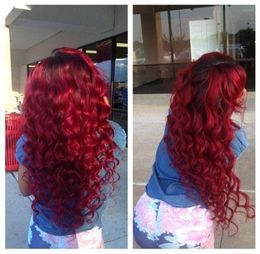 Fashion Long Loose Curly Wine red Wig Synthetic Ombre Black to Burgundy Red Heat Resistant Lace Front Wig for Black Women7043903