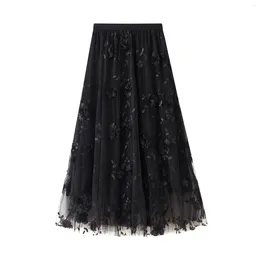 Skirts 2024 Autumn Floral Embroidery Tulle High Waist A Word Long Skirt Pleated Female Tutu