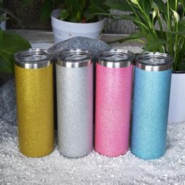 US Warehouse 20oz sublimation texture Powder Glitter Straight tumbler With plastic Straws and Lids 4 Colour Vacuum Insulated Double261e