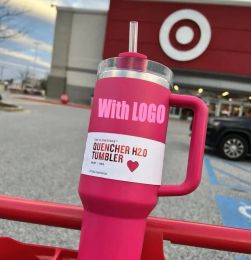 US Stock With Cosmo Pink Flamingo Tumbler Quenching Agent H2.0 Replica 40oz Stainless Steel Handle Lid and Straw 1:1 same Car Cup Water Bottle Target Red