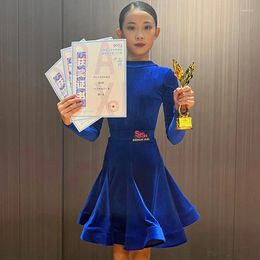 Stage Wear Professional Latin Dance Dress Girls Long SLeeves Velvet Purple Orange Royal Blue Competition Cha Rumba DNV19495