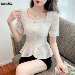 Blouse Summer Vintage Puff Sleeve Tops Women 2023 Elegant Korean Fashion White Blusas Mujer Sexy Ruffles Chiffon Blouses Y2k Shirts