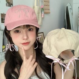 Korean Pink Bow Ribbon Hat Womens Spring Summer Korean Fashion Versatile Baseball Hat Duck Tongue Hat Y2k Girls 240227