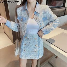 High Quality Blue Tweed Jacket Coat Skirt 2 piece Sets Women Fall Denim Patchwork Crop TopsDoube-breasted Mini Skirt Suits 240228