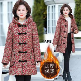 Women's Trench Coats Retro Middle Age Women Winter Jacket Hooded Parkas MotherClothes Female Thick Warm Flowers Velvet Cotton