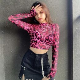 Women's T Shirts Lightweight Women T-shirt High Neck Sexy Pink Leopard Perspective Female Semi-high Collar Spring And Summer Corset Top