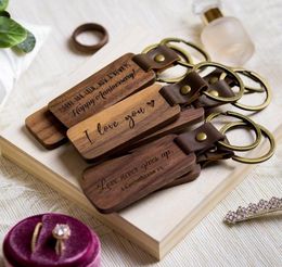 Party Favour Personalised Leather Keychain Pendant Beech Wood Carving Keychains Luggage Decoration Key Ring DIY Father039s Day G8002657