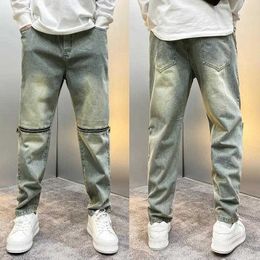 Summer Yellow Mud Dyed Denim Pants for Men Loose and Trendy Casual Washed Korean Knee Zipper Straight Leg Versatile