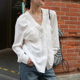 Women's Blouses French Style Pleated V-neck White Long Sleeve Button Shirts Fashion 2024 Autumn Elegant Loose Clothes 28707