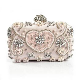 Evening Bags Luxury Women Crystal Handmade Diamond Clutch Party Purse Pink Rhinestones Pearl Wedding Handbag2566