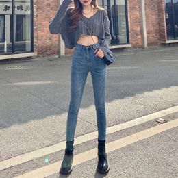 Fashion 2023 New Jeans Women's High Waist Slim Fit With For Slimming Thin Velvet Blue Tight Leggings Autumn And Winter Jeans