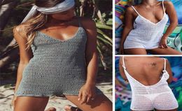 2019 Summer Fishnet Beach Wear Bikini Cover Up Crochet Knitted Sexy Women Beach Dress Tunic White Cotton Swimsuit Coverups Mesh Y5336974