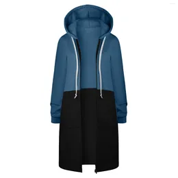 Women's Hoodies Beauty's Winter Color-blocked Long-sleeved Hooded And Lengthened Hip-wrapping Zipper Straight-leg Sweatshirt