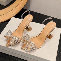 Eilyken Spring Butterfly-knot Crystal Designer Pumps Women PVC Transparent High Heels Sexy Pointed Toe Party Prom Mules Shoes 240228