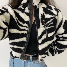 Women's Jackets Cropped Plush Jacket Women Stand Collar Zipper Coat 2024 Trend Zebra Pattern Autumn Winter Imitation Lambwool