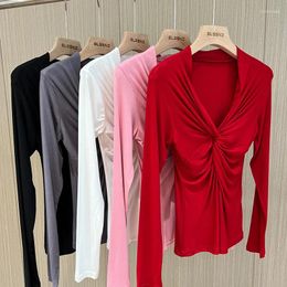 Women's T Shirts Girls Cotton Twisted V-neck T-Shirts Tees Female Long Sleeve High Elasticity Elegant Stretchy Tshirt Tops For Women