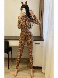 Briefs&Panties Leopard Shiny PU Leather Catsuit Cosplay Outfit Leotard Two Way Zipper Open Crotch Bodysuit Hot Sexy Clubwear Conjoined Jumpsuit