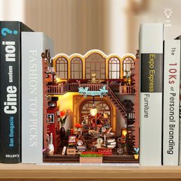 DIY book corner kit with led light 3D wooden puzzle creative bookshelf insert bookend model doll house home decoration crafts 240305