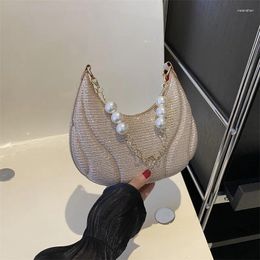 Evening Bags Vintage Women Shoulder Bag Jacquard Flower Solid Color Pearl Chain Underarm Handbag Female Storage Travel Tote