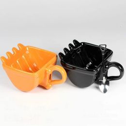 3D Ceramics Digger Bucket Tea Mug Coffee Glass Creative Funny Excavator Bulldozer Teacup Oatmeal Milk Cup Container Free Spoon 240307