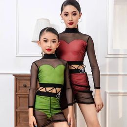 Stage Wear 2024 High Neck Contrasting Mesh Latin Dance Dress For Girls Chacha Rumba Tango Practice Clothes Kids DN17352