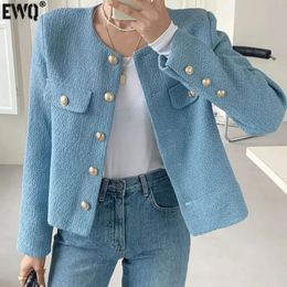 EWQ Single Breasted Green Tweed Woollen Jacket Chic Button Long Sleeve Wool Blends Jackets Coat Spring Autumn Top 6935 240307