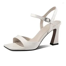 Sandals Women's In Summer Shoes Leather Buckle Thick Heel 8cm Height Increasing Square Toes Light Weight