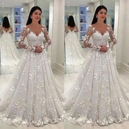 Women Wedding Sexy White Dress Deep V-neck Long Mesh Lace Sleeve A-line Pleated Floor-length Dresses es