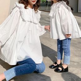 Korean autumn parentchild dress top fashionable loose Ruffle womens long sleeve baby shirt mommy and me 240226