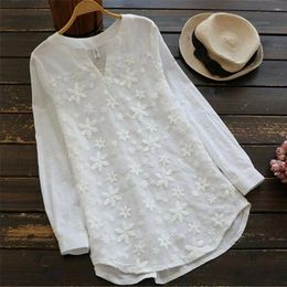 Women's Blouses Lady Vintage T-shirt Floral Embroidered V-neck Pullover Soft Loose-fit Long Sleeve For Casual Spring