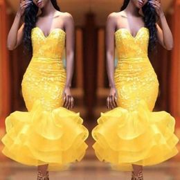 Yellow Sweetheart Short Prom Dresses Lace Appliques Organza Ruffles Mermaid Evening Gowns Tea Length Cocktail Party Dress Cheap279y