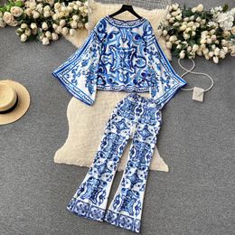 Women's Two Piece Pants Summer Runway Blue And White Porcelain Two Piece Suit Women Flare Sleeve Blouse Shirts Printed Wide Leg Cropped Pants Sets 2024