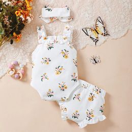 Clothing Sets Baby Girl Summer Outfits Boho Floral Print Straps Waffle Sleeveless Rompers Elastic Waist Shorts With Headband