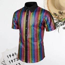 Men's T Shirts Men Performance Shirt Vintage 70s Disco Club With Reflective Sequins Turn-down Collar Short Sleeve For Parties