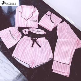 JRMISSLI pyjamas women 7 pieces Pink Pyjamas sets satin silk Sexy lingerie home wear sleepwear set pijama woman 240226