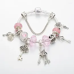 Charm Bracelets Silver-plated Pink Murano Glass&Crystal European Beads For Women Jewellery Lock & Key Pulsera