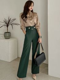 Capris New Spring Autumn 2 Piece Outfits Women Formal Vintage Tops Shirt Blouse High Waist Wide Leg Loose Long Pant Trousers Mujer Sets