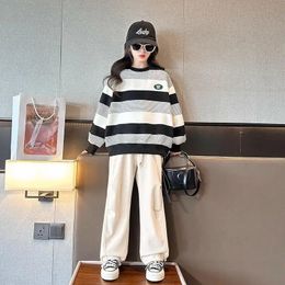 Spring Autumn Fashion Kid Girls Clothes Sports Suit Kids Clothes Girl Striped Sweatshirt Top Long Trousers 2 Piece Set 7-14 Year 240308