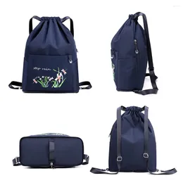 School Bags Women Embroidered Backpack With Zipper Pocket Floral Print Waterproof Large Cinch Bag Multifunctional Sports Gym