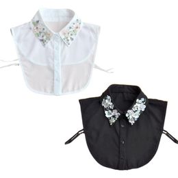 Womens Detachable Blouse False Collar Handmade Beading Rhinestone Sequins Flower Lapel Adjustable Half-Shirt Necklace255M