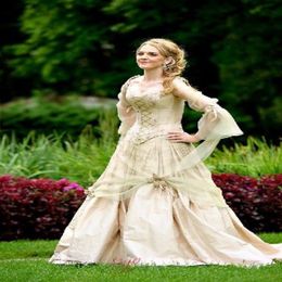 Vintage Gold Gothic Wedding Dresses Bridal Gowns Princess Corset Long Sleeve Country Garden Bride Dress Celtic Renaissance Cosplay277o