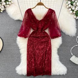 Party Dresses Ladies Evening For Women's Night Elegant High Quality Chic Mesh Splice V-neck Black Red Sequined Dress