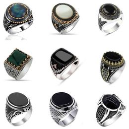 30 Styles Vintage Handmade Turkish Signet Ring for Men Women Ancient Silver Colour Black Onyx Stone Punk Rings Religious Jewelry181g